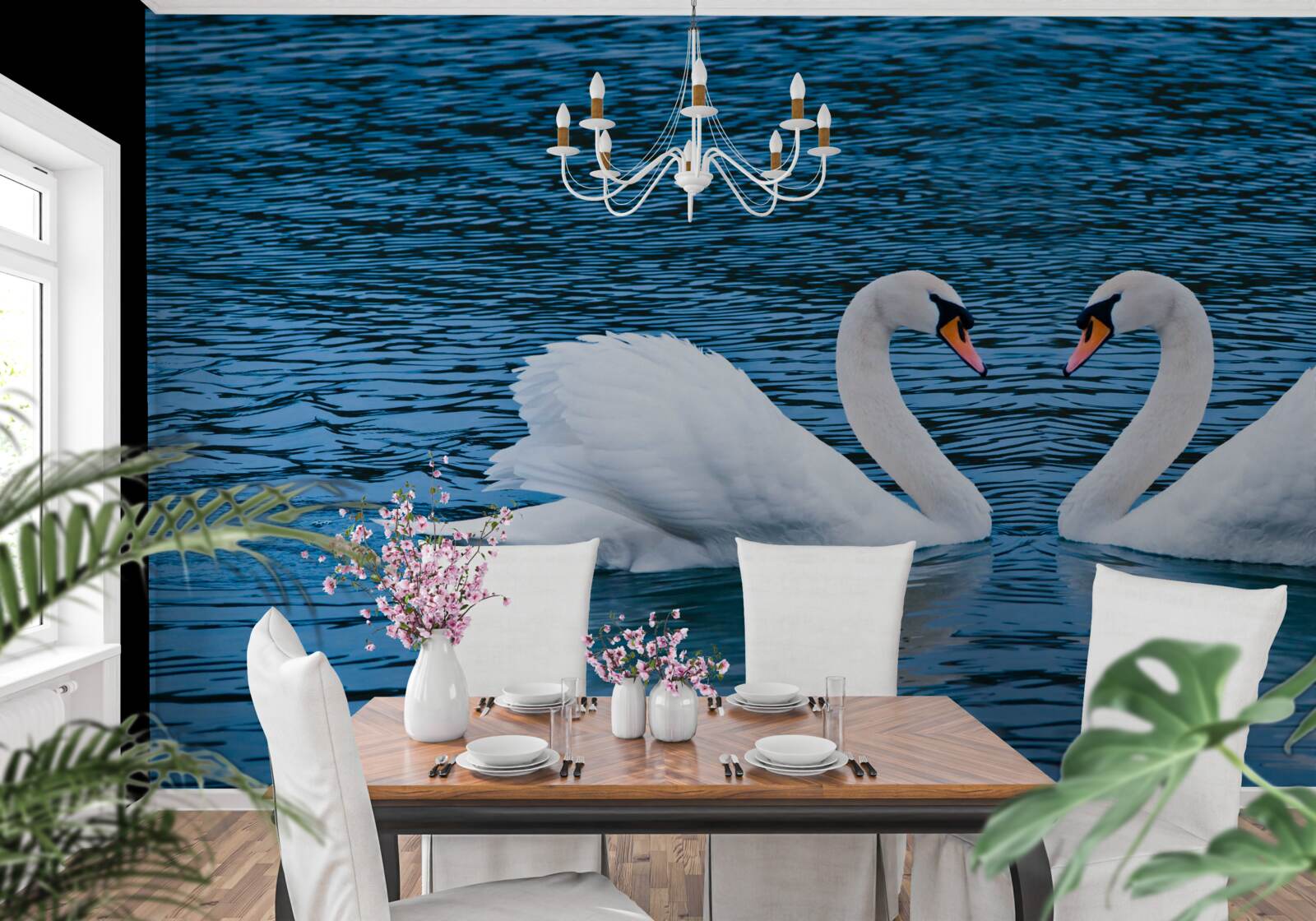 Fototapeta para łabędzi na powierzchni wody tworzy idylliczny obraz rodzinny