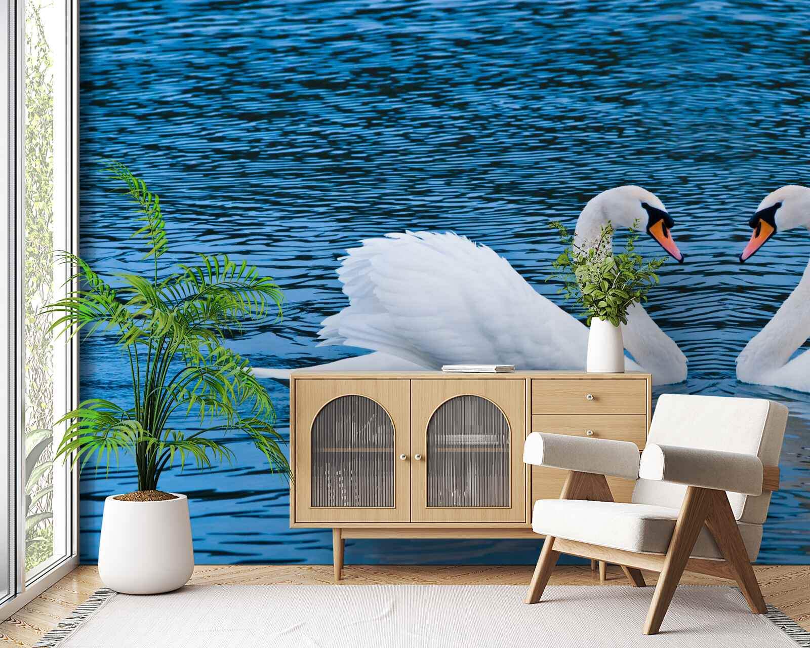 Fototapeta para łabędzi na powierzchni wody tworzy idylliczny obraz rodzinny