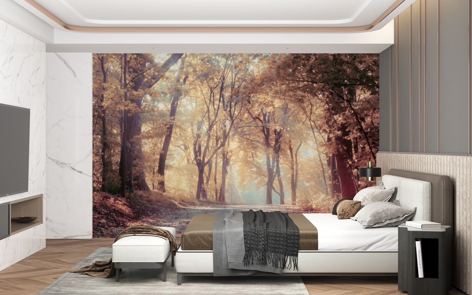 Fototapeta jesienna ścieżka spowita lekką mgłą