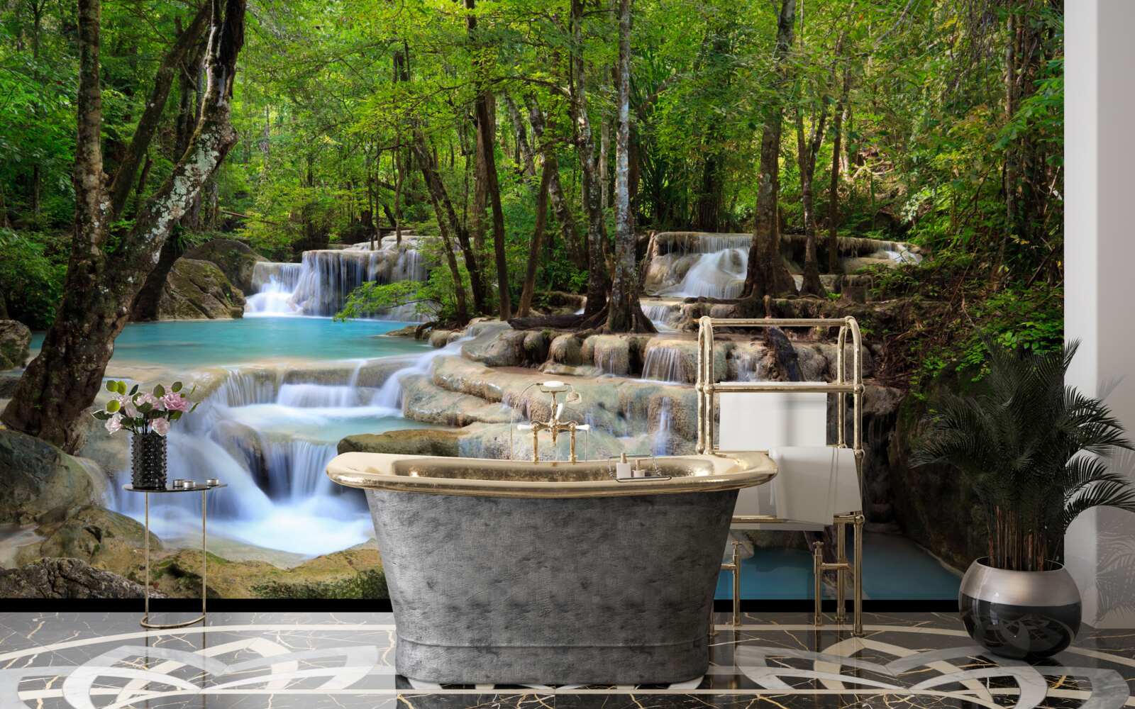 Fototapeta wodospady spadające w gęsty las