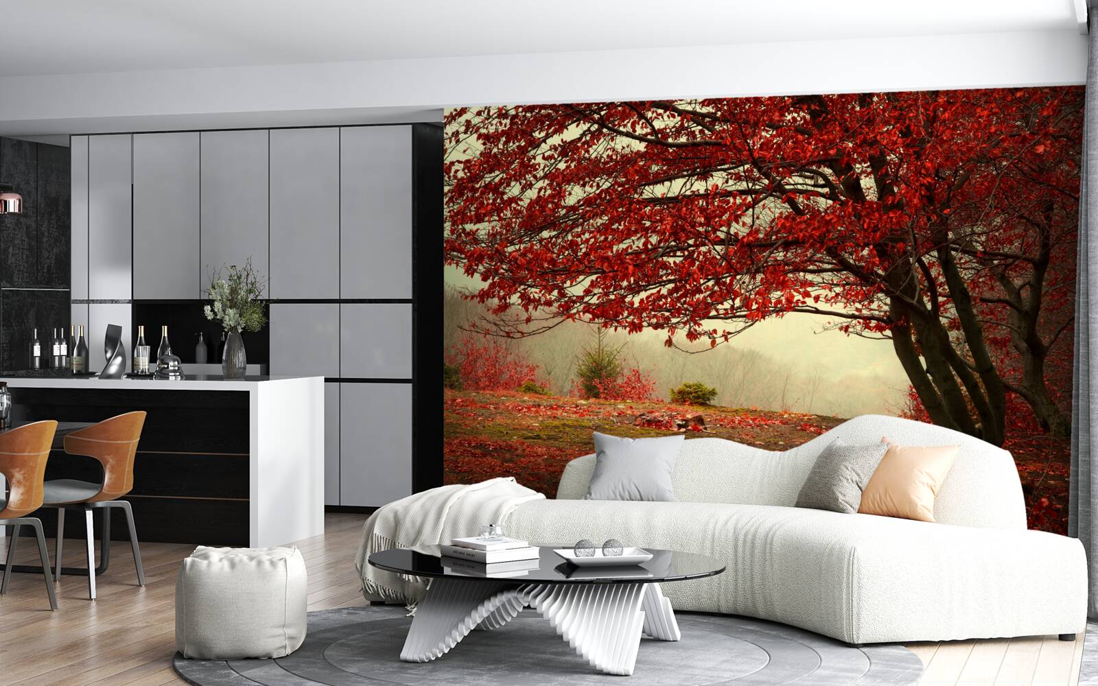 Fototapeta mglisty poranek jesiennego lasu o odcieniach burgunda