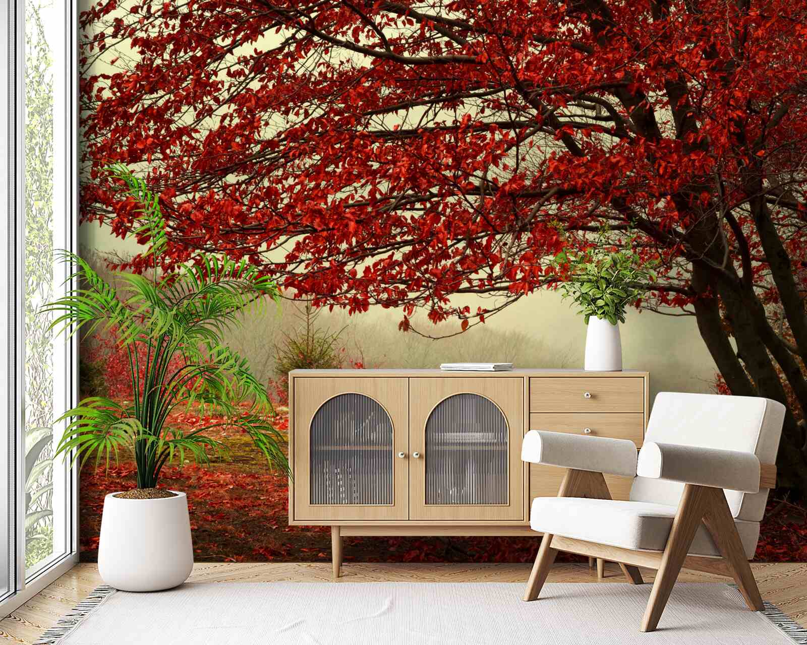 Fototapeta mglisty poranek jesiennego lasu o odcieniach burgunda