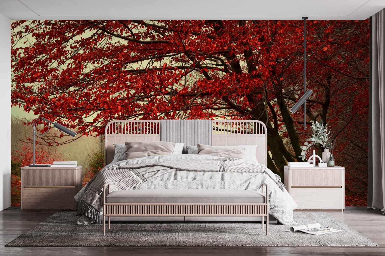 Fototapeta mglisty poranek jesiennego lasu o odcieniach burgunda