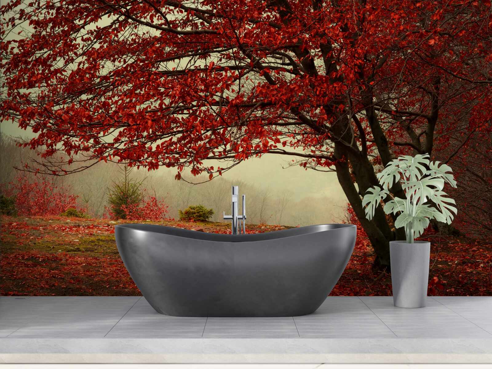 Fototapeta mglisty poranek jesiennego lasu o odcieniach burgunda