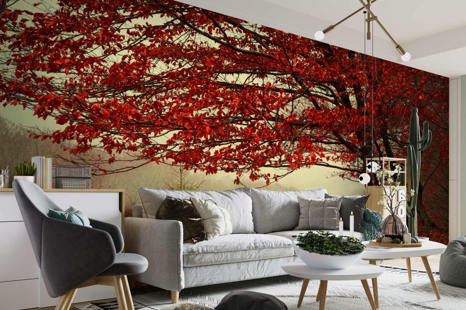 Fototapeta mglisty poranek jesiennego lasu o odcieniach burgunda