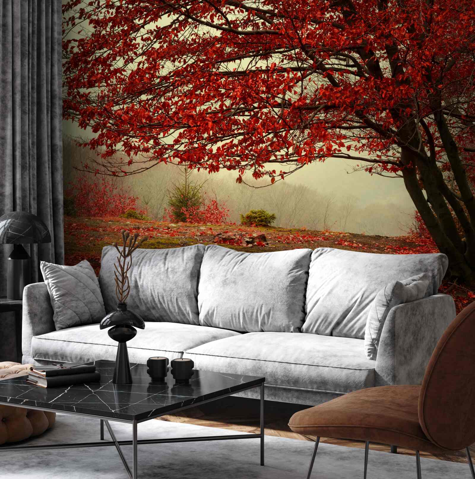 Fototapeta mglisty poranek jesiennego lasu o odcieniach burgunda