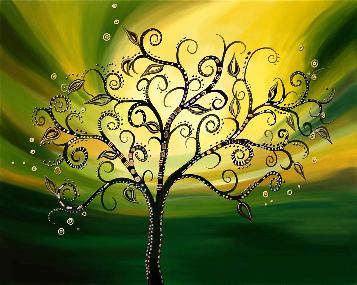 Fototapeta drzewo z wzorami na tle zielonego nieba o zachodzie słońca