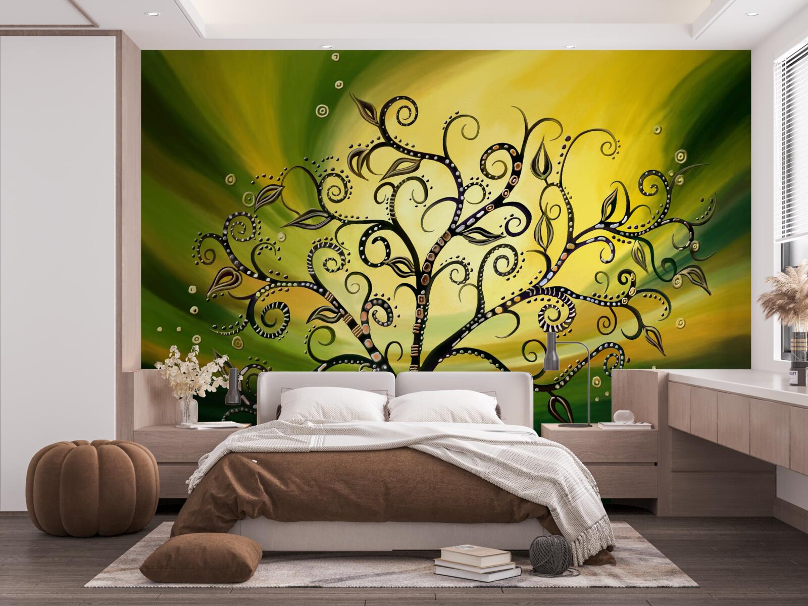 Fototapeta drzewo z wzorami na tle zielonego nieba o zachodzie słońca