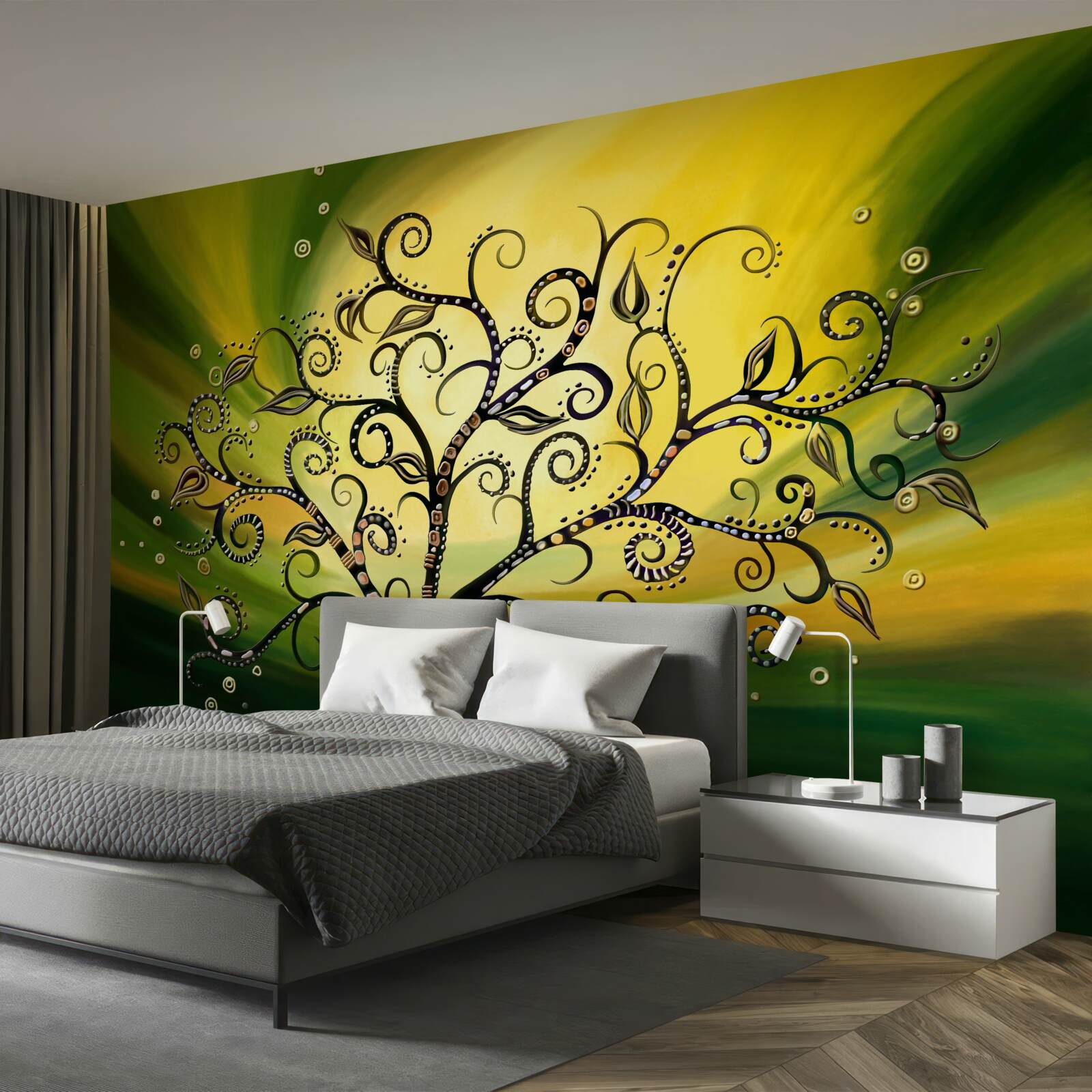 Fototapeta drzewo z wzorami na tle zielonego nieba o zachodzie słońca