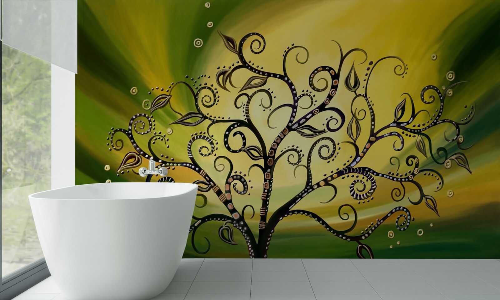 Fototapeta drzewo z wzorami na tle zielonego nieba o zachodzie słońca