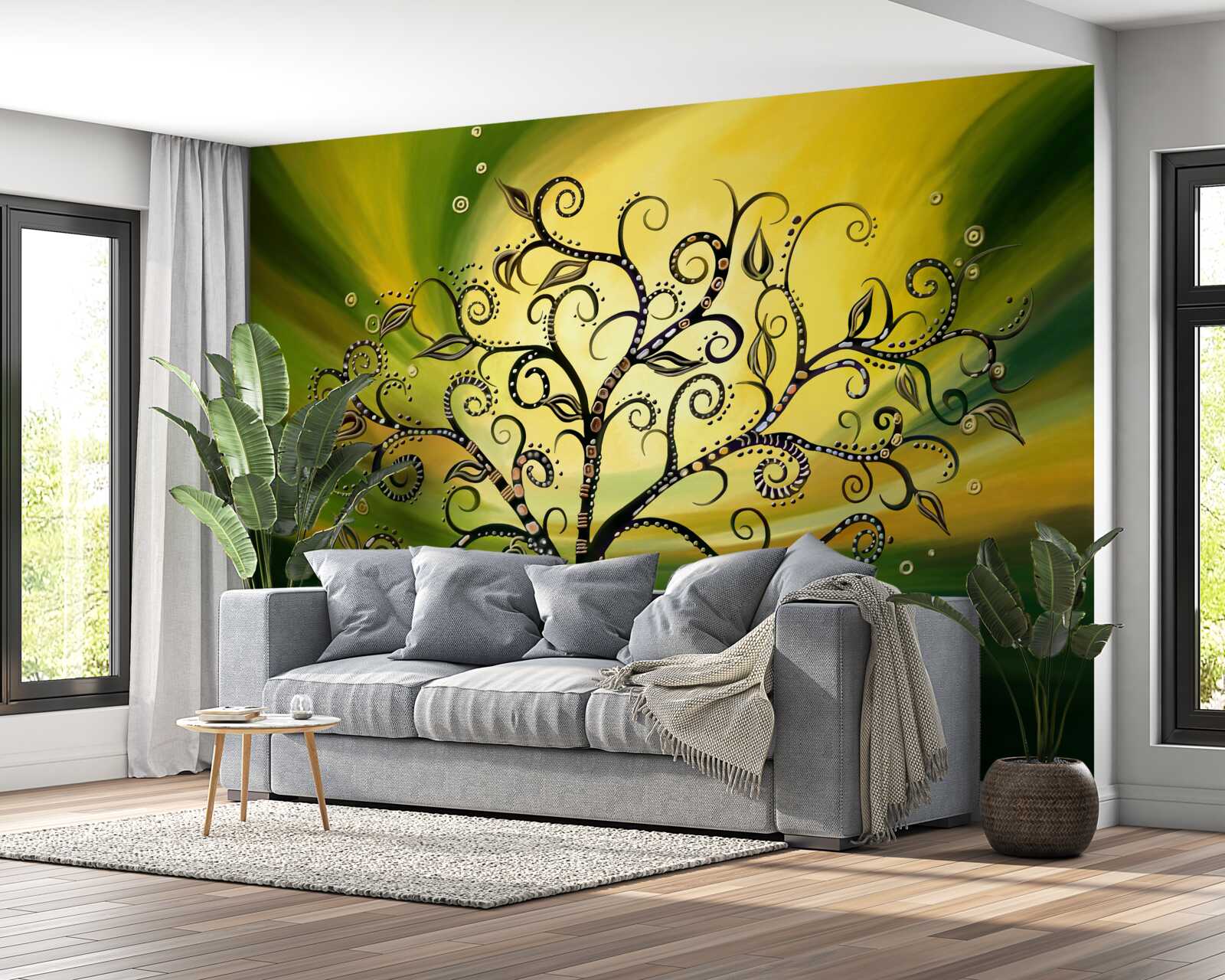 Fototapeta drzewo z wzorami na tle zielonego nieba o zachodzie słońca