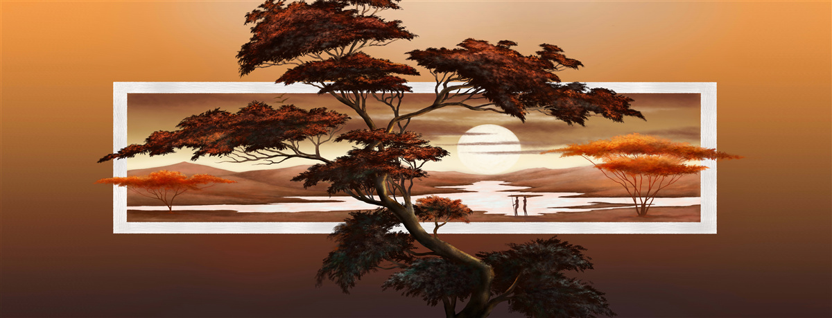 Fototapeta na tle jasnego zachodu słońca wznosi się majestatyczne i bujne drzewo