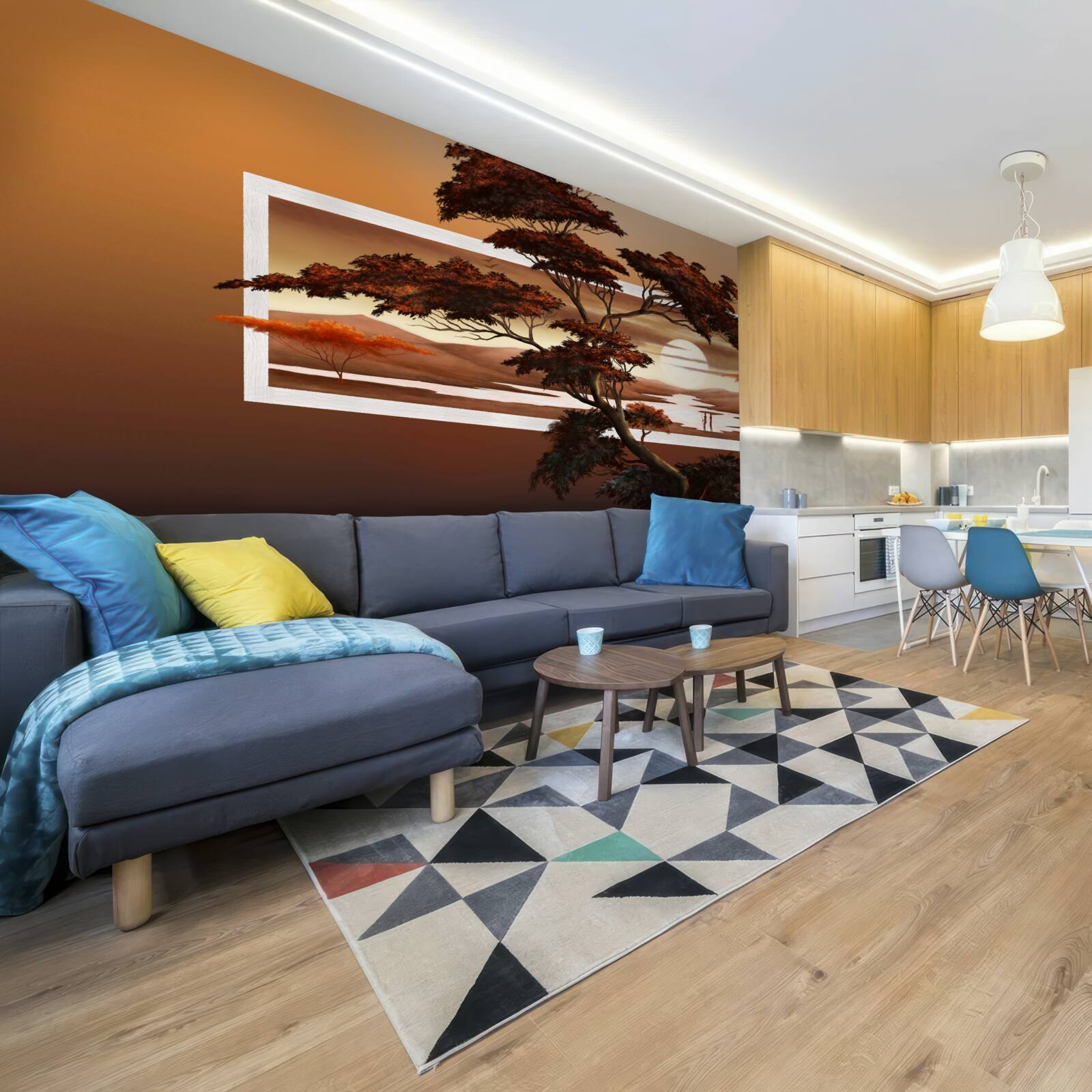 Fototapeta na tle jasnego zachodu słońca wznosi się majestatyczne i bujne drzewo