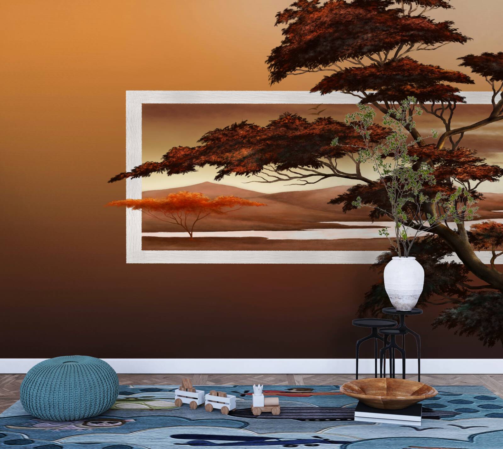 Fototapeta na tle jasnego zachodu słońca wznosi się majestatyczne i bujne drzewo