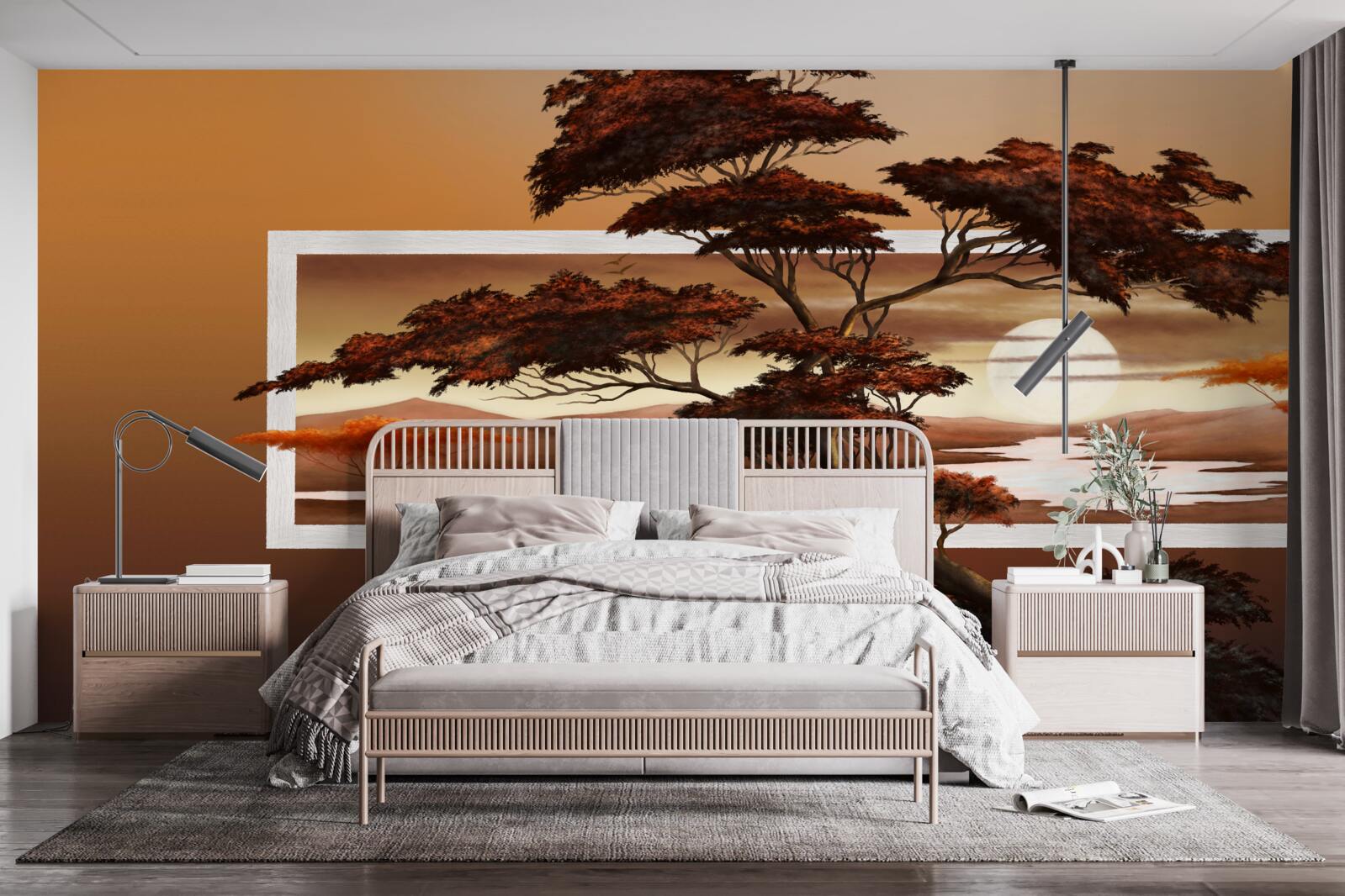 Fototapeta na tle jasnego zachodu słońca wznosi się majestatyczne i bujne drzewo