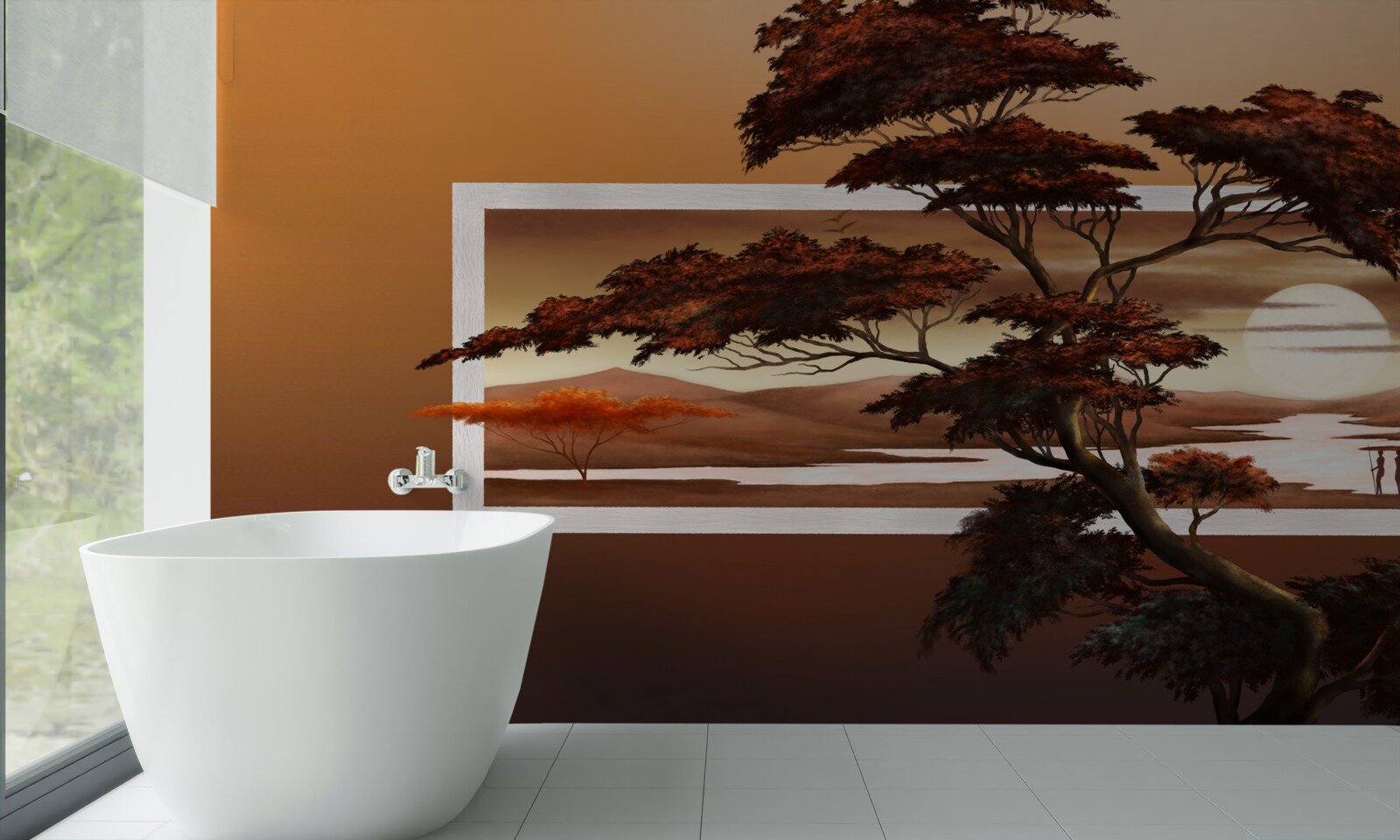 Fototapeta na tle jasnego zachodu słońca wznosi się majestatyczne i bujne drzewo