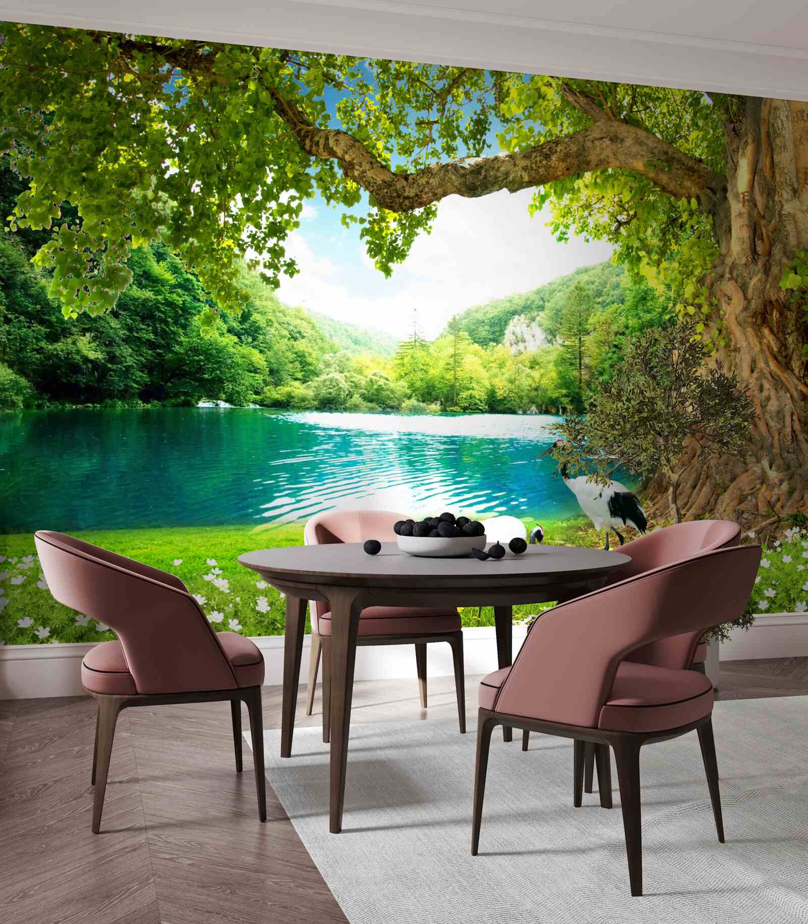 Fototapeta dwa żurawie na polu w pobliżu stawu