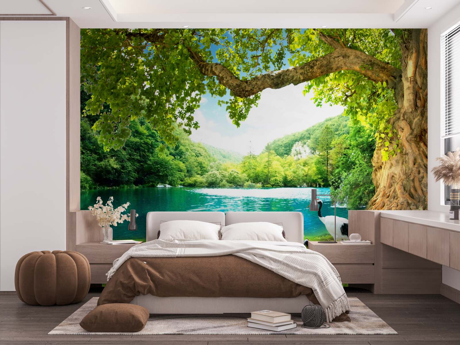 Fototapeta dwa żurawie na polu w pobliżu stawu