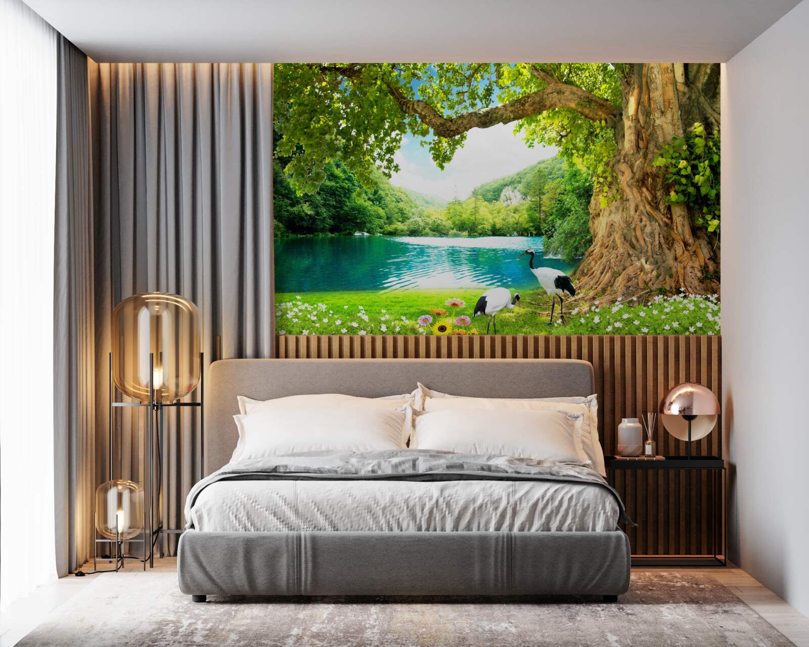 Fototapeta dwa żurawie na polu w pobliżu stawu