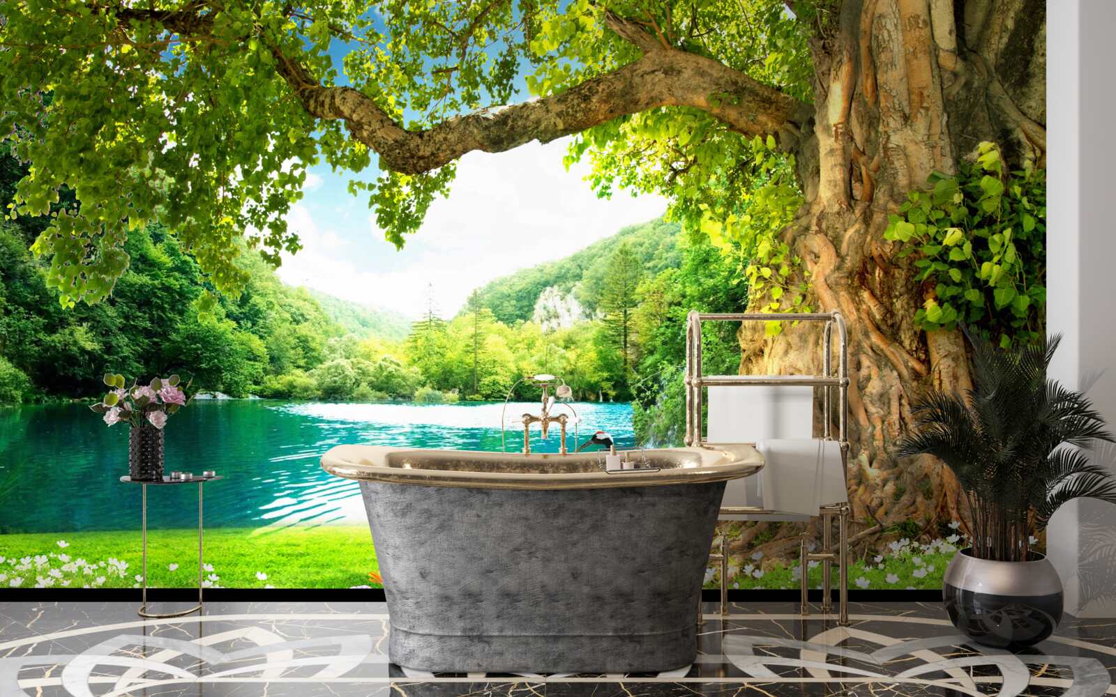 Fototapeta dwa żurawie na polu w pobliżu stawu