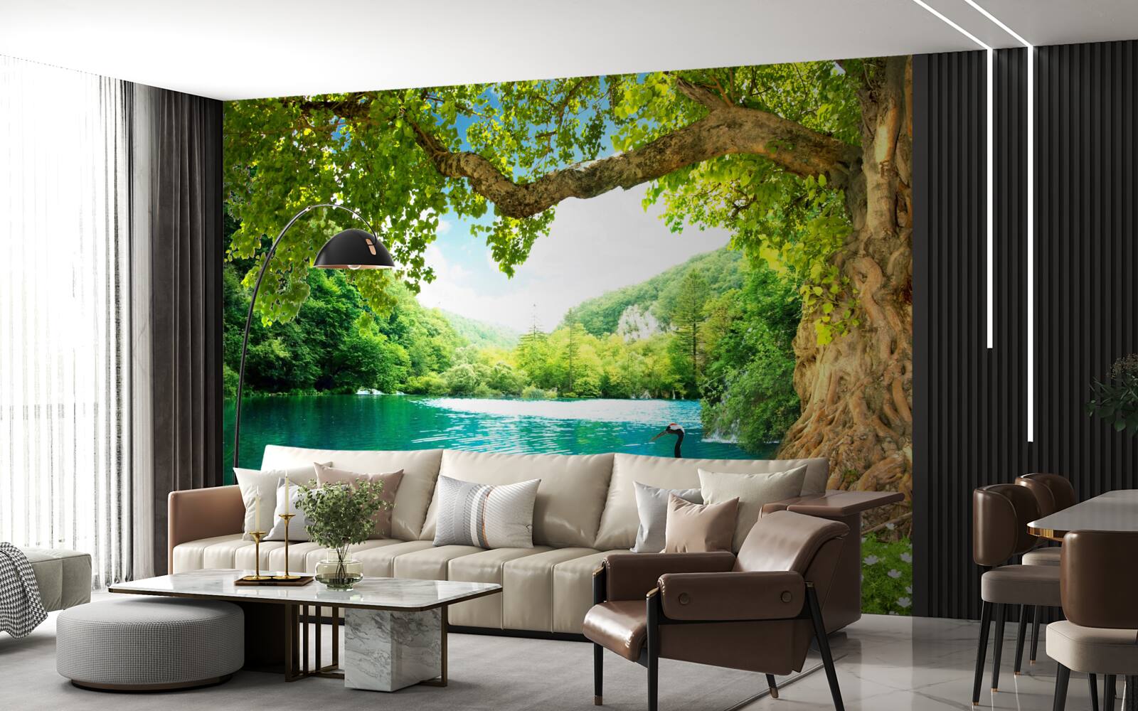 Fototapeta dwa żurawie na polu w pobliżu stawu