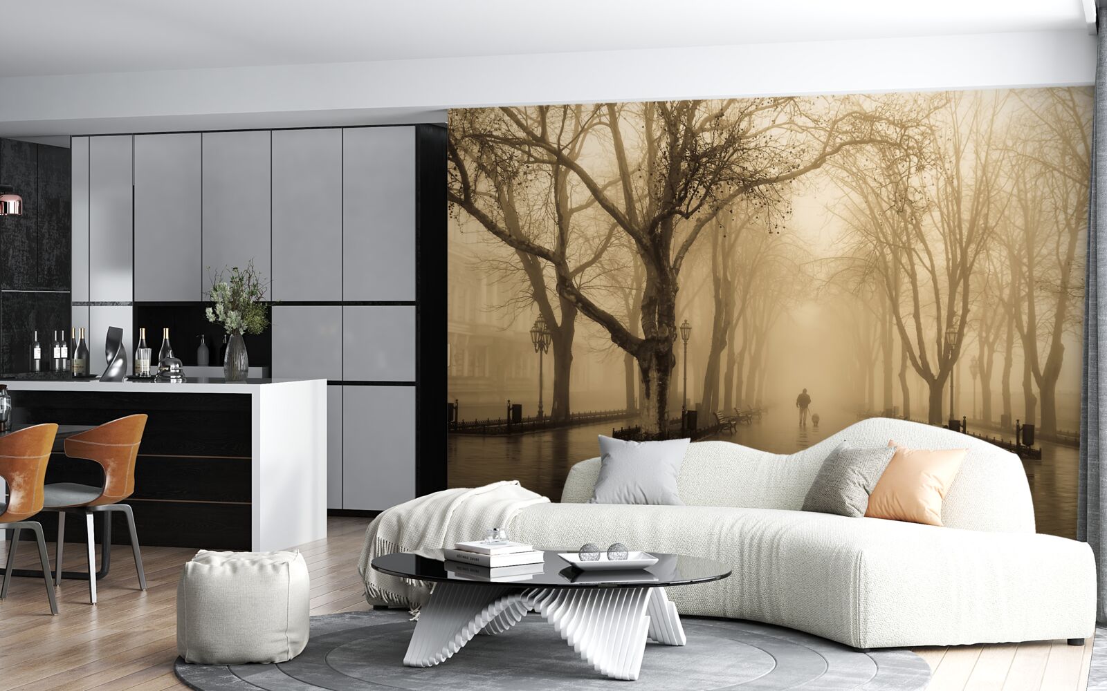 Fototapeta aleja jest wypełniona deszczem i mgłą