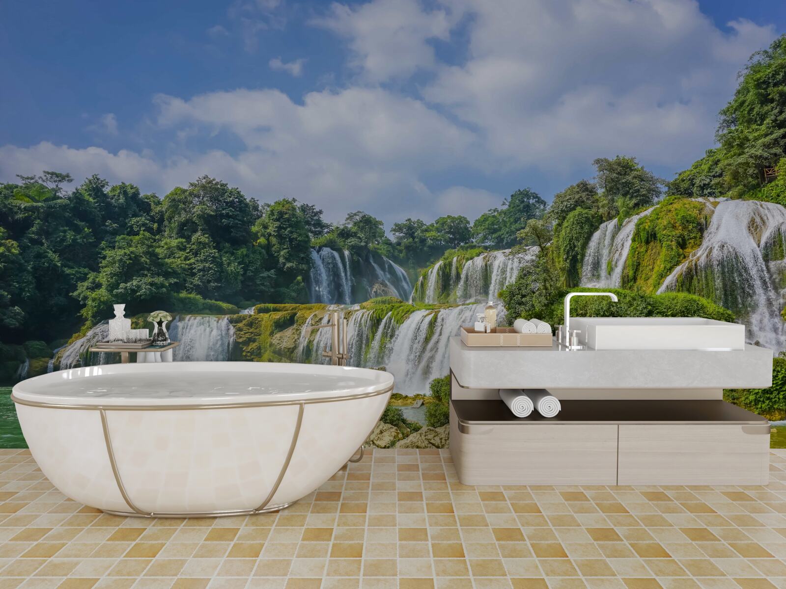 Fototapeta wodospady szybko wpadające do basenu jeziora