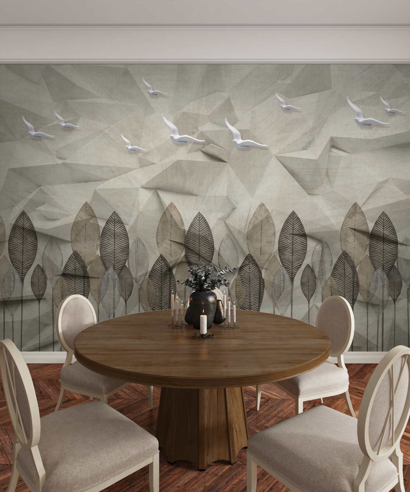 Fototapeta ptaki, które zyskują skrzydła, by latać, i las w kolorze popiołu