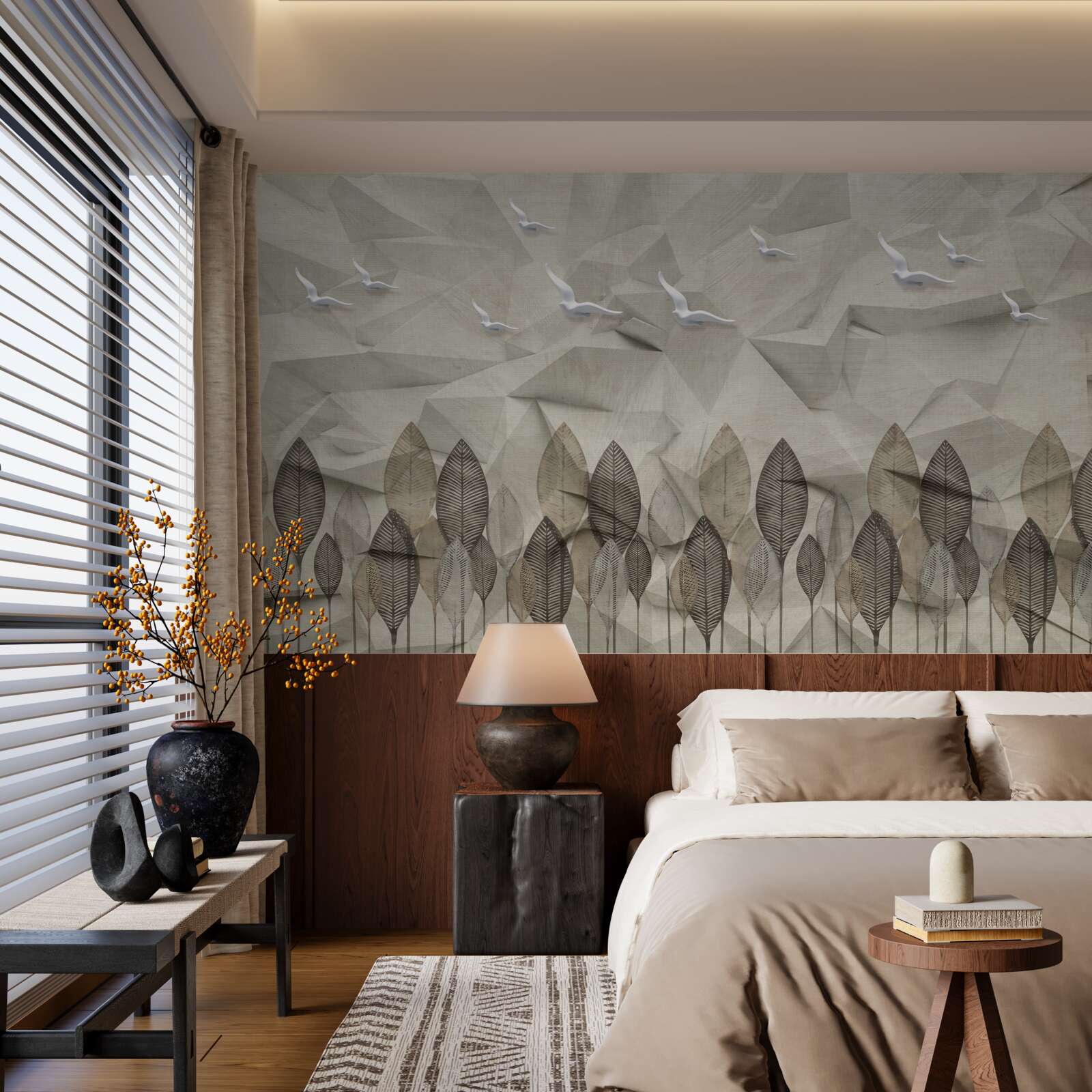 Fototapeta ptaki, które zyskują skrzydła, by latać, i las w kolorze popiołu