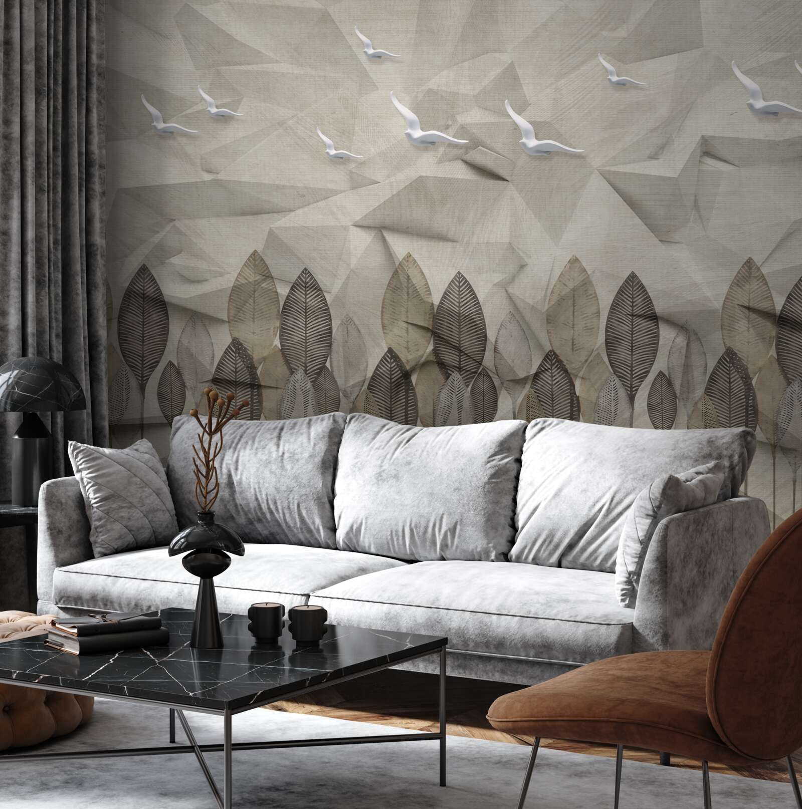 Fototapeta ptaki, które zyskują skrzydła, by latać, i las w kolorze popiołu