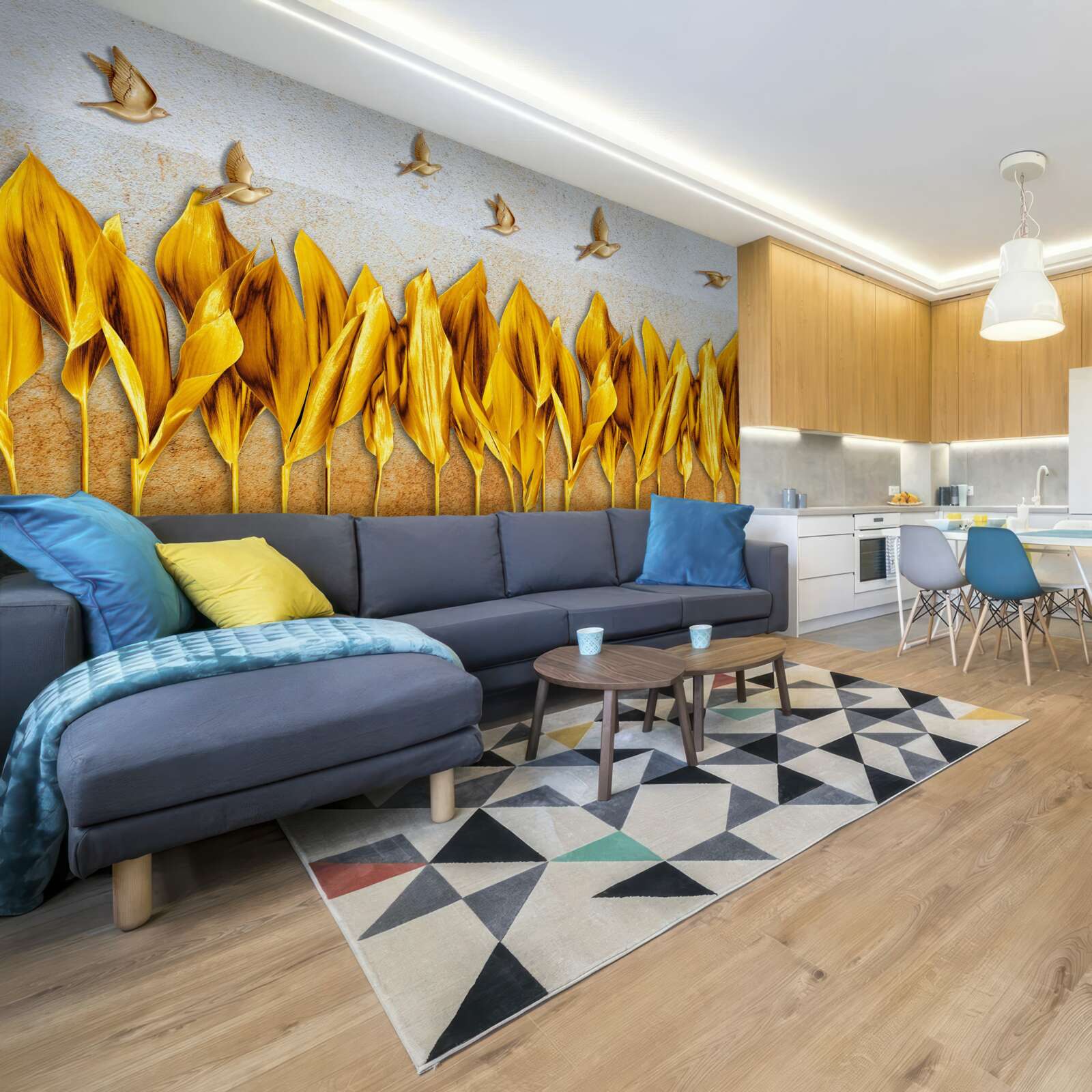 Fototapeta nad skrzydłami latających ptaków pojawia się złoty jesienny las