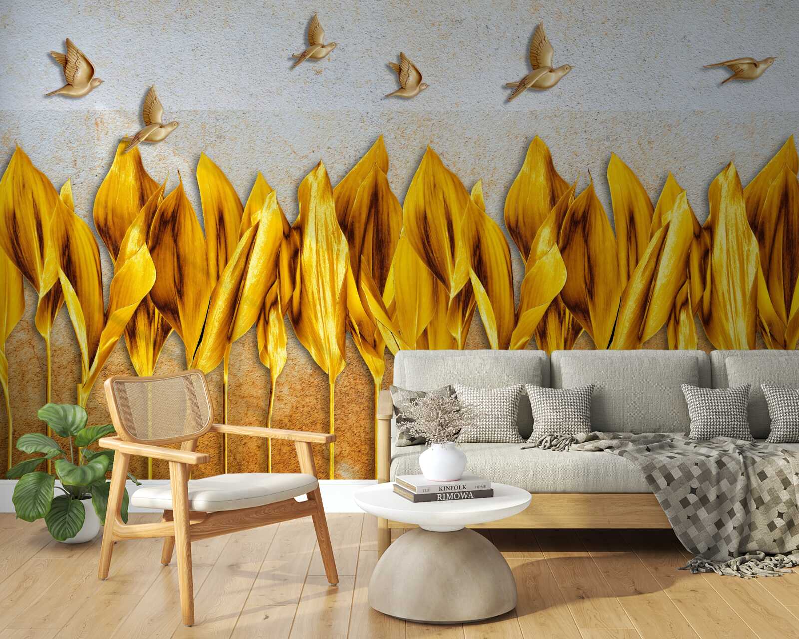 Fototapeta nad skrzydłami latających ptaków pojawia się złoty jesienny las