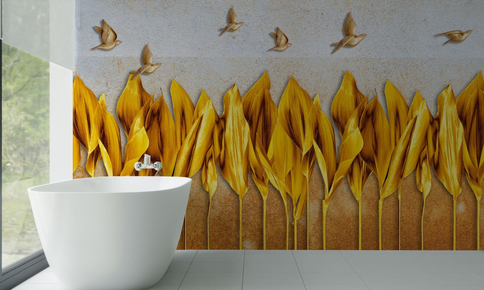 Fototapeta nad skrzydłami latających ptaków pojawia się złoty jesienny las