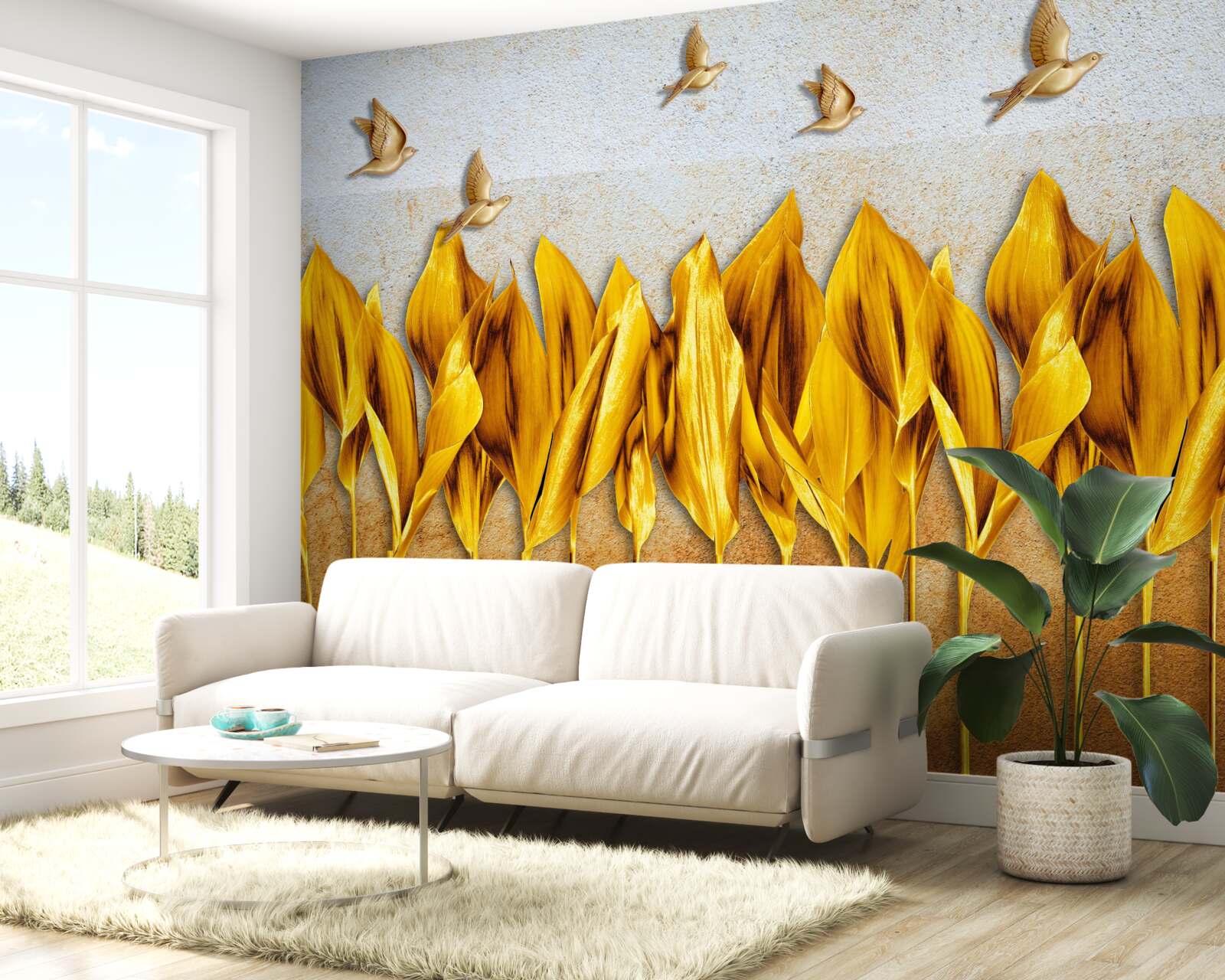 Fototapeta nad skrzydłami latających ptaków pojawia się złoty jesienny las