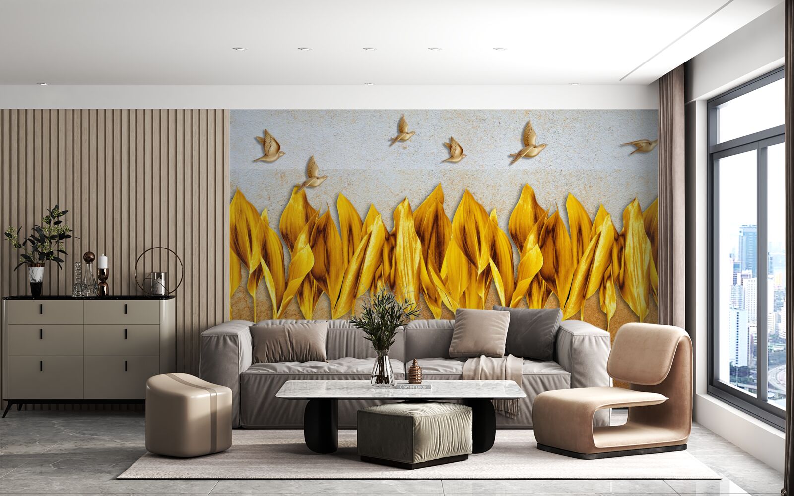 Fototapeta nad skrzydłami latających ptaków pojawia się złoty jesienny las