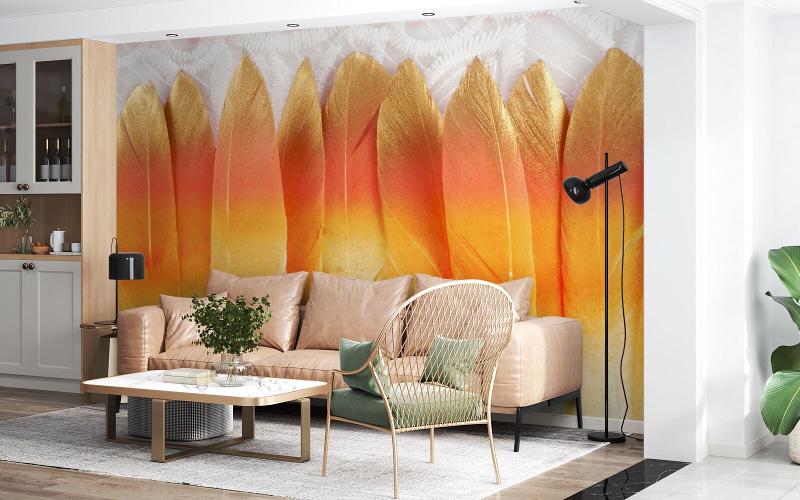 Fototapeta pióra o żółtym odcieniu na tle świtu