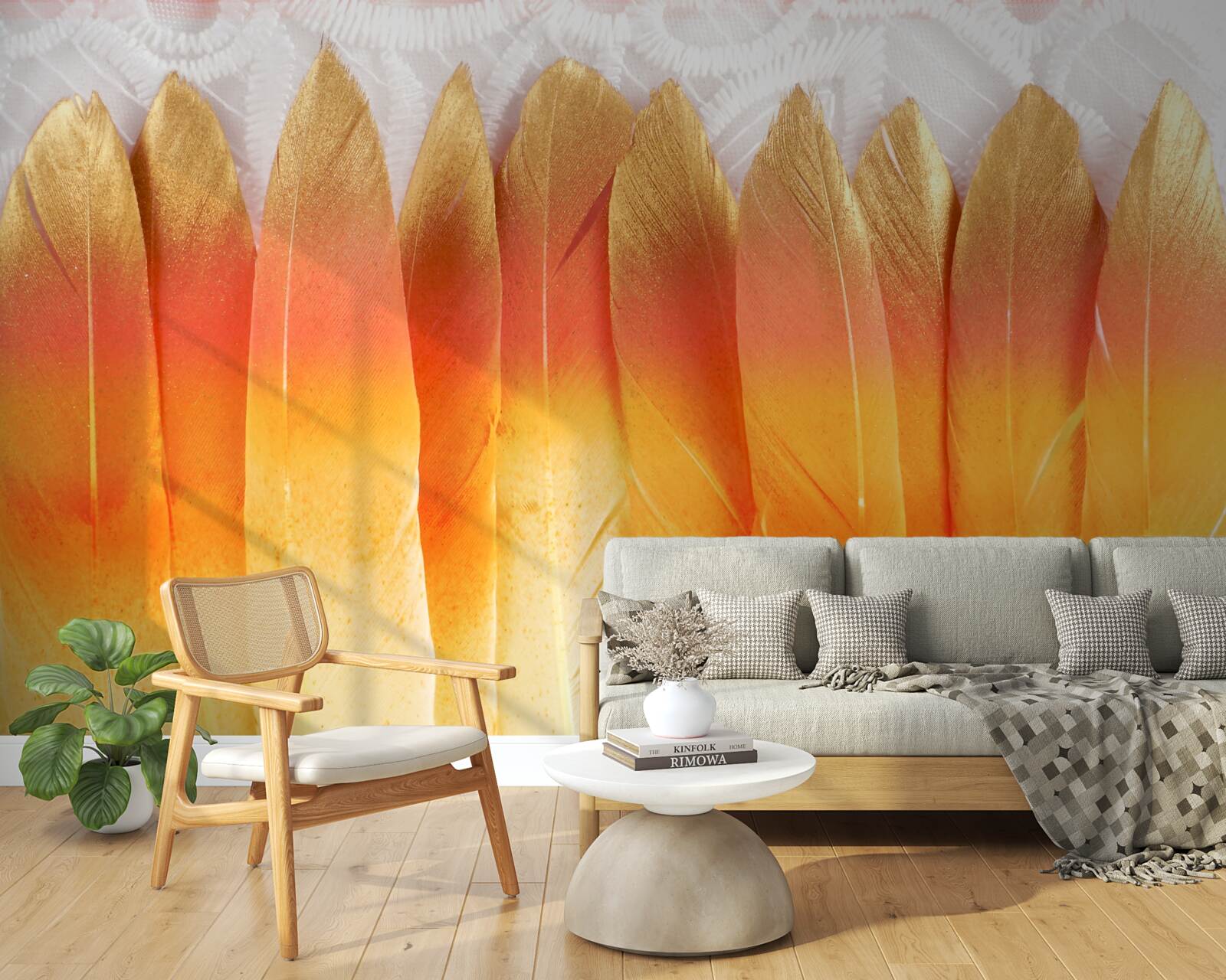 Fototapeta pióra o żółtym odcieniu na tle świtu