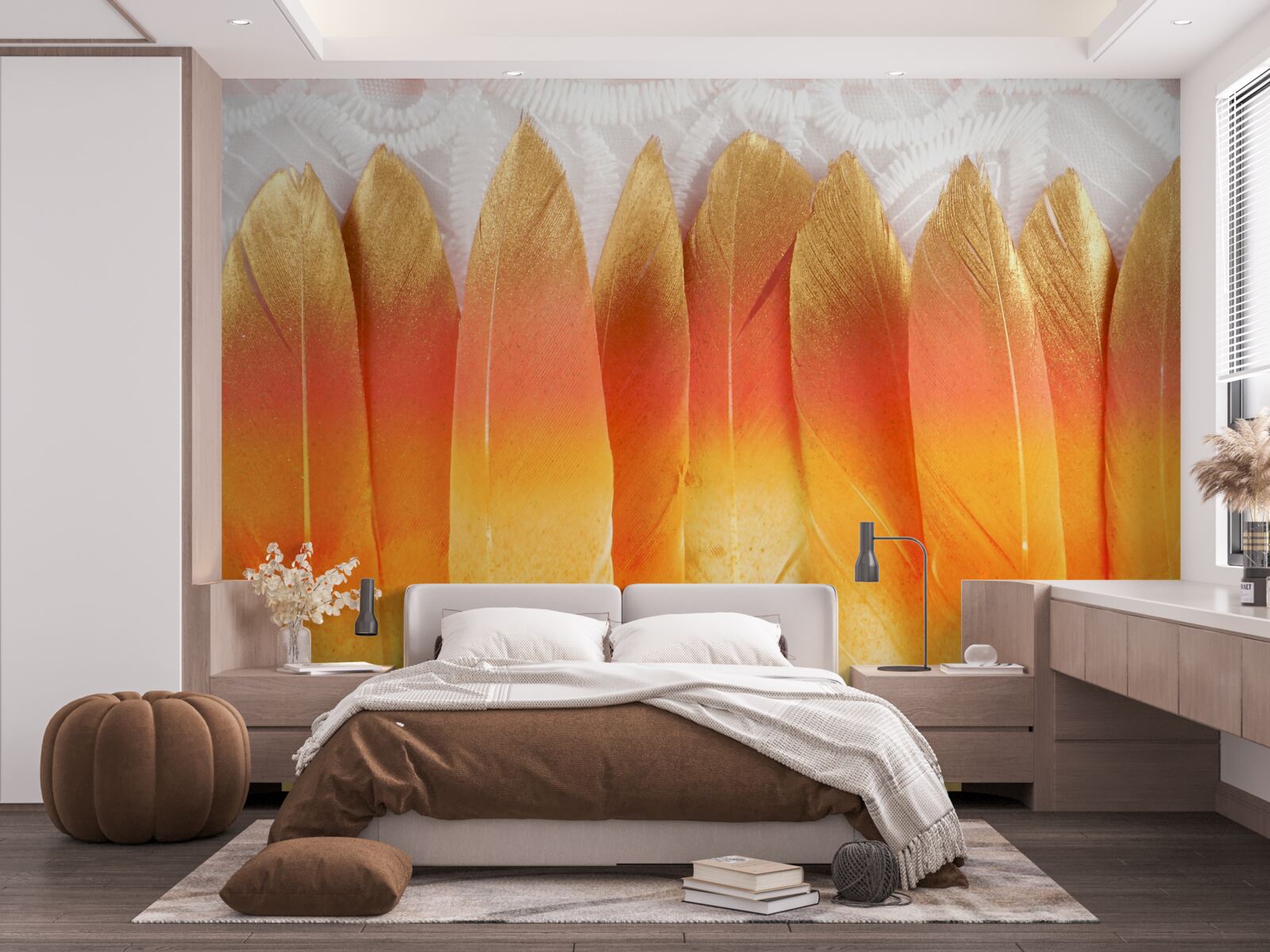 Fototapeta pióra o żółtym odcieniu na tle świtu