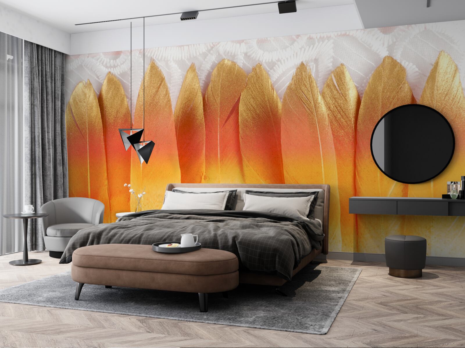 Fototapeta pióra o żółtym odcieniu na tle świtu