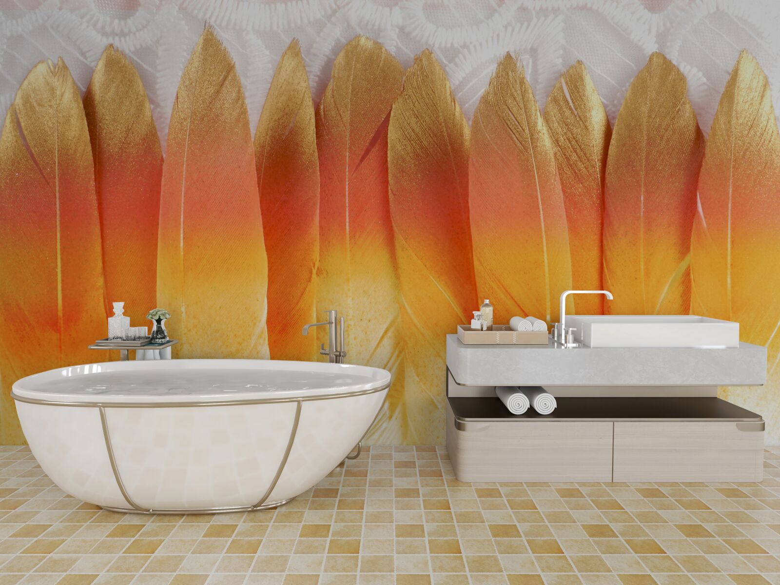 Fototapeta pióra o żółtym odcieniu na tle świtu