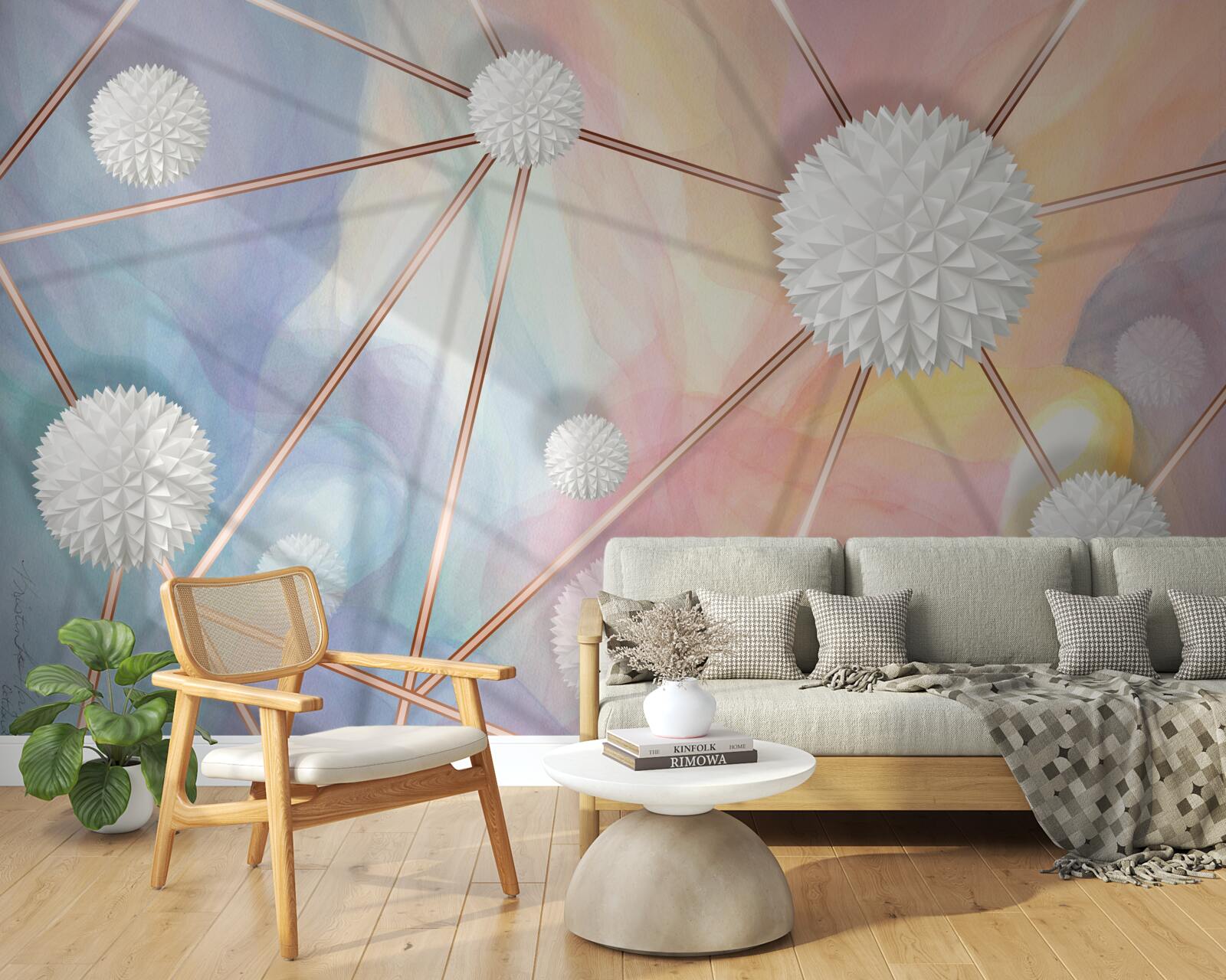 Fototapeta kule unoszące się w powietrzu i liny je łączące, wykonane w złocie