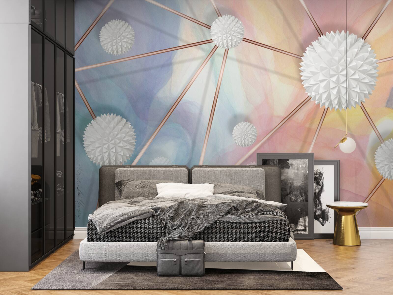 Fototapeta kule unoszące się w powietrzu i liny je łączące, wykonane w złocie