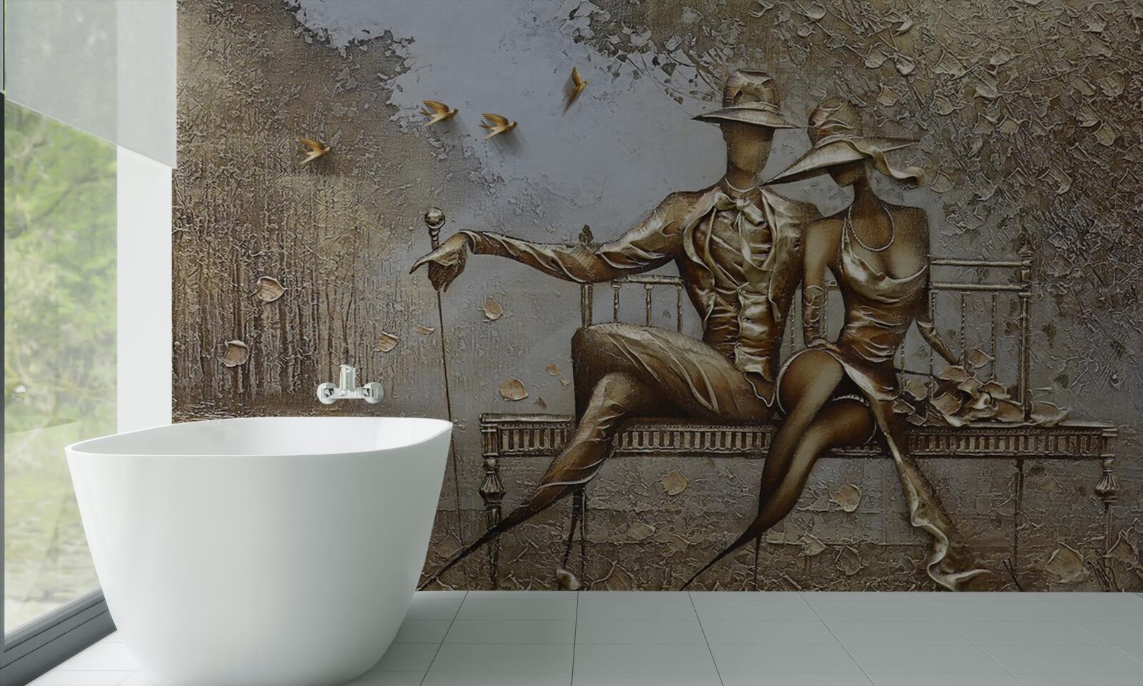 Fototapeta podczas ulewy młodzi kochankowie na ławce