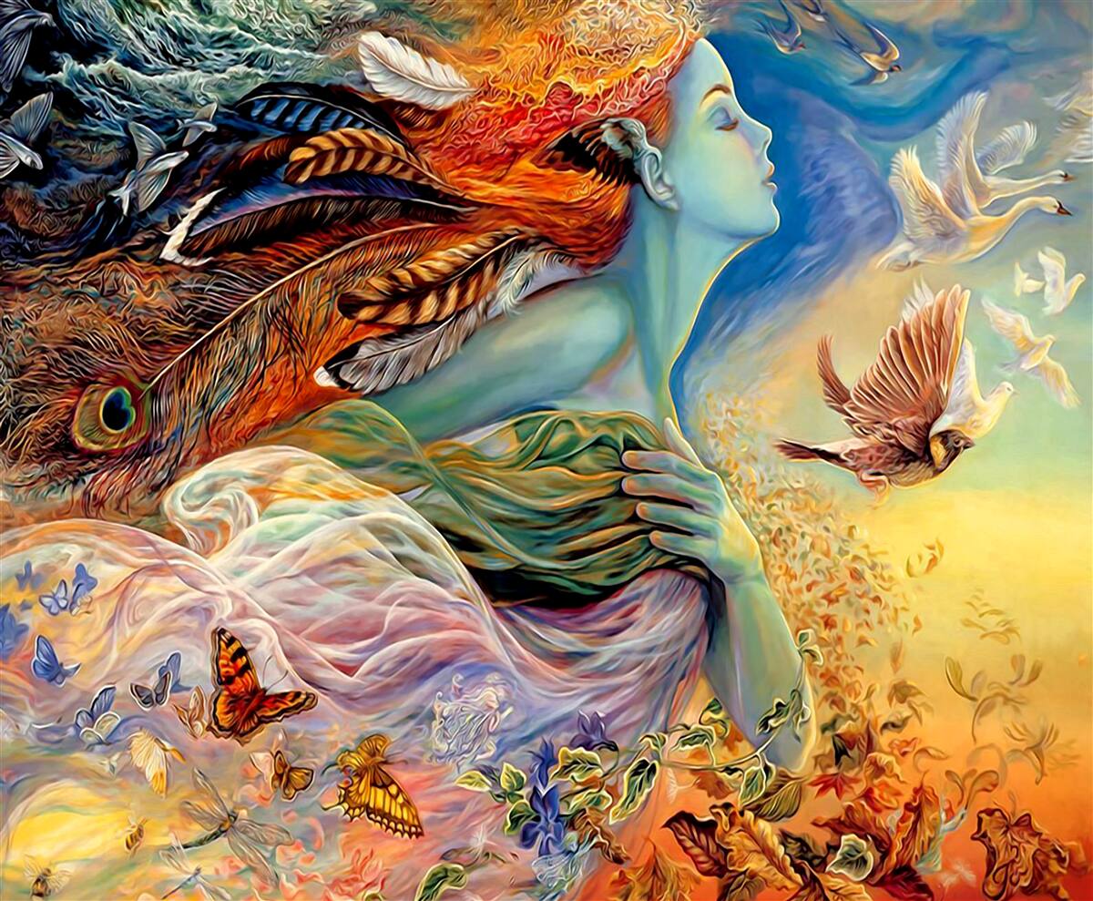 Fototapeta dziewczyna otoczona jesiennymi kwiatami, kołysana przez wiatr