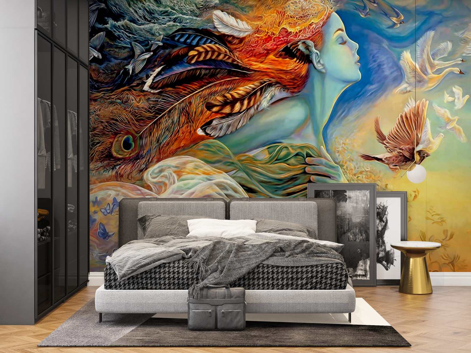 Fototapeta dziewczyna otoczona jesiennymi kwiatami, kołysana przez wiatr