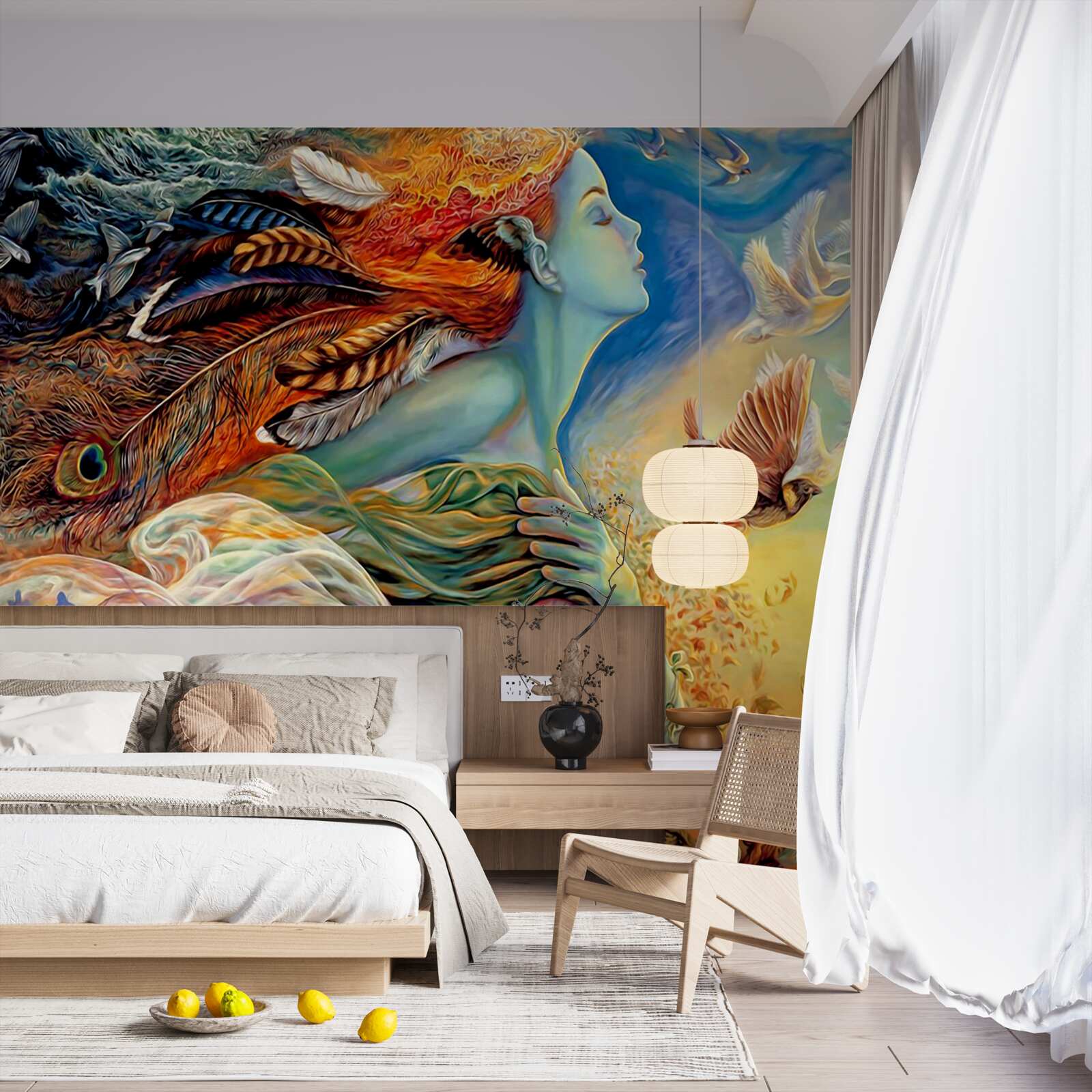 Fototapeta dziewczyna otoczona jesiennymi kwiatami, kołysana przez wiatr