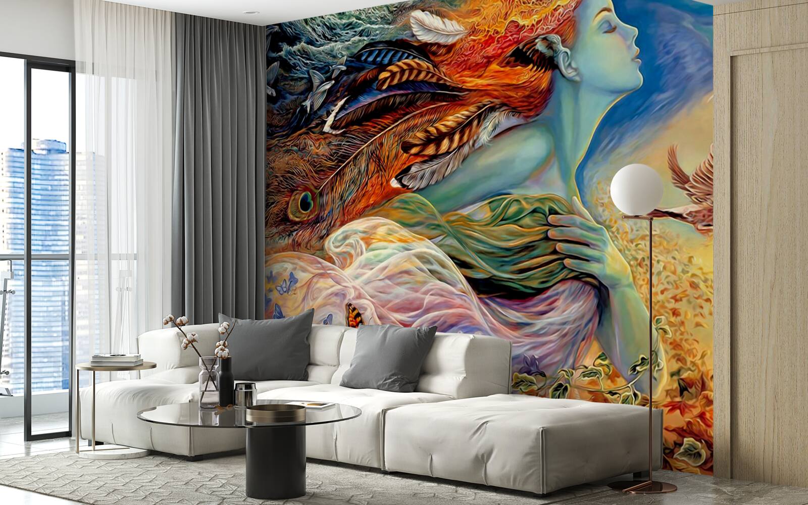 Fototapeta dziewczyna otoczona jesiennymi kwiatami, kołysana przez wiatr