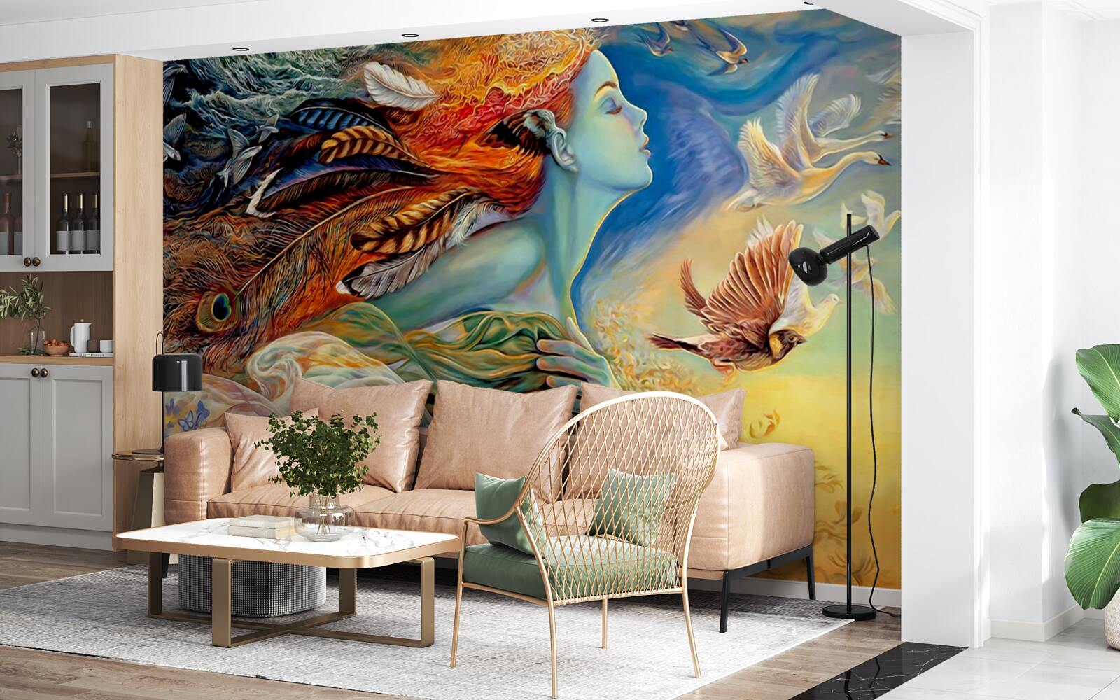 Fototapeta dziewczyna otoczona jesiennymi kwiatami, kołysana przez wiatr