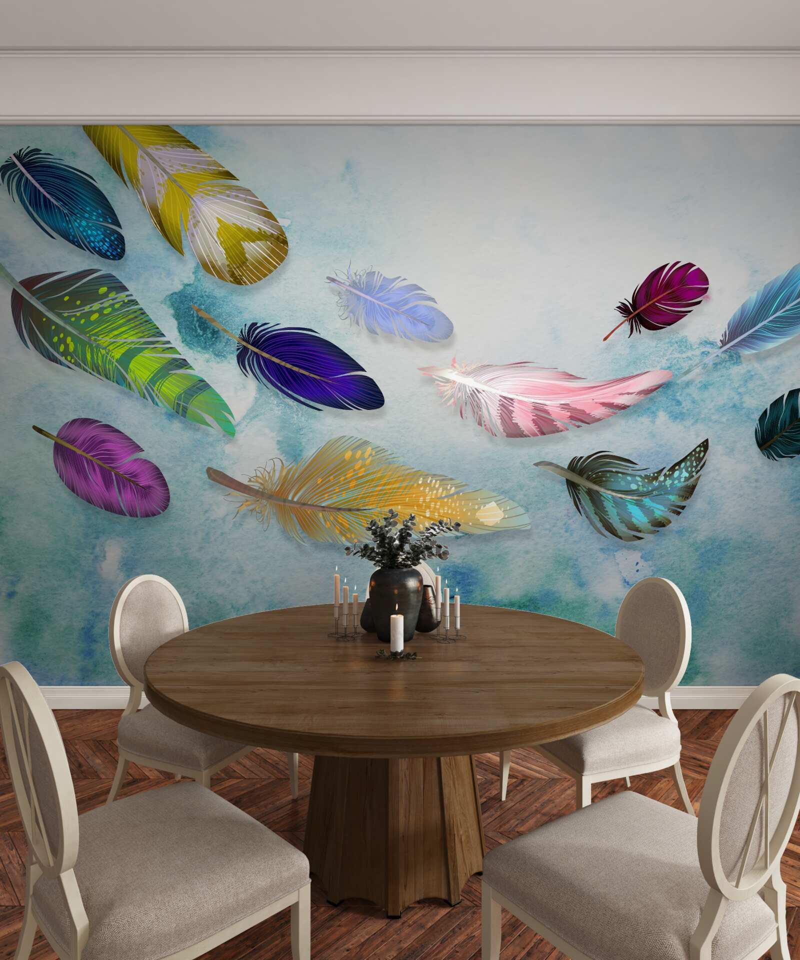 Fototapeta w powietrzu unoszą się pióra o różnych kształtach i odcieniach