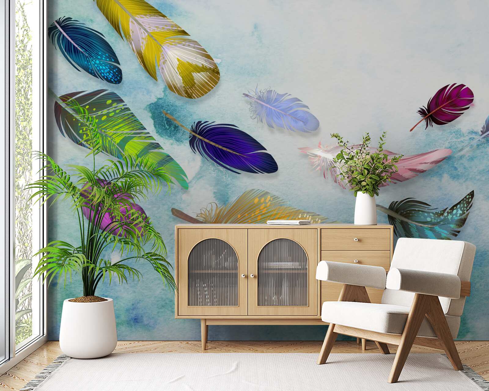 Fototapeta w powietrzu unoszą się pióra o różnych kształtach i odcieniach